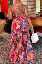 Women Suspender Printed Patchwork Loose Casual Jumpsuit