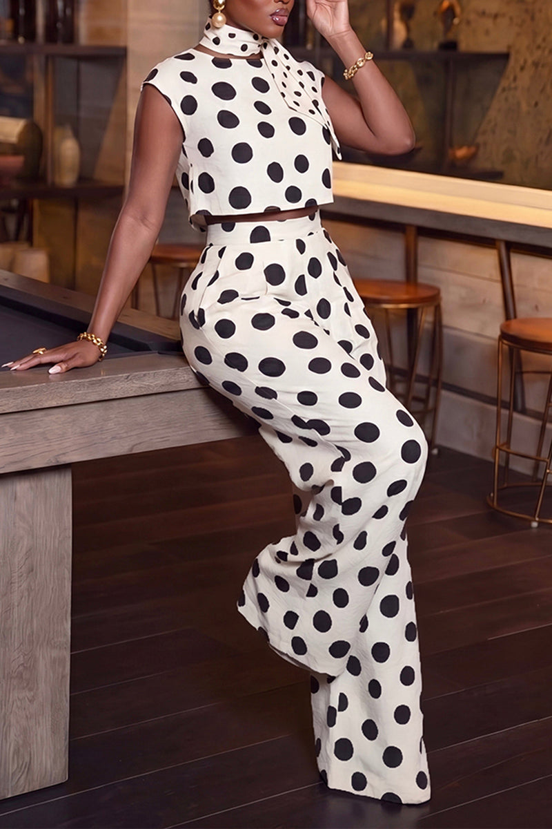 Women's Elegant Polka Dot side pocket wide leg set