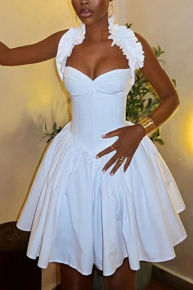 Women's Halter Corset Dress With Ruffled Collar Flared Skirt
