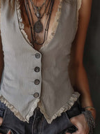 Vintage Lace Trim Striped Vest