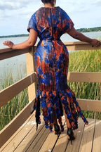 Women's African Print Wrap Dress With Contrast Sleeve And Scalloped Hem