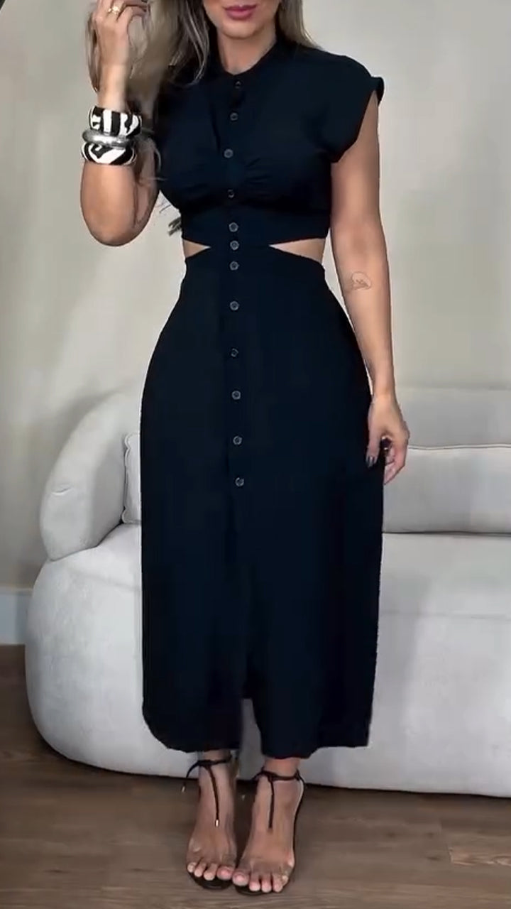 Women's Round Neck Buttoned Hollow Waist Casual Dress