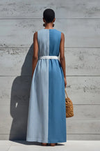 Women's Casual Color Block Stripe Solid Sleeveless Deep V Drawstring Waist Linen Maxi Dress
