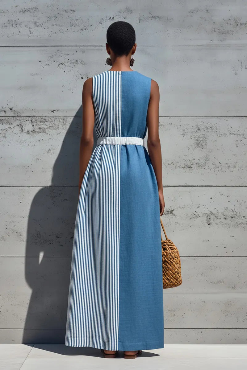 Women's Casual Color Block Stripe Solid Sleeveless Deep V Drawstring Waist Linen Maxi Dress