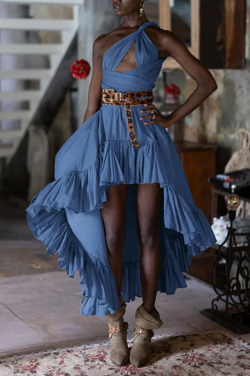 Ladies' Sleeveless Pleated Waist Double Layered Contrasting Chiffon Asymmetrical High-Low Slit Long Skirt, （Belt Not Matching Sold Together）