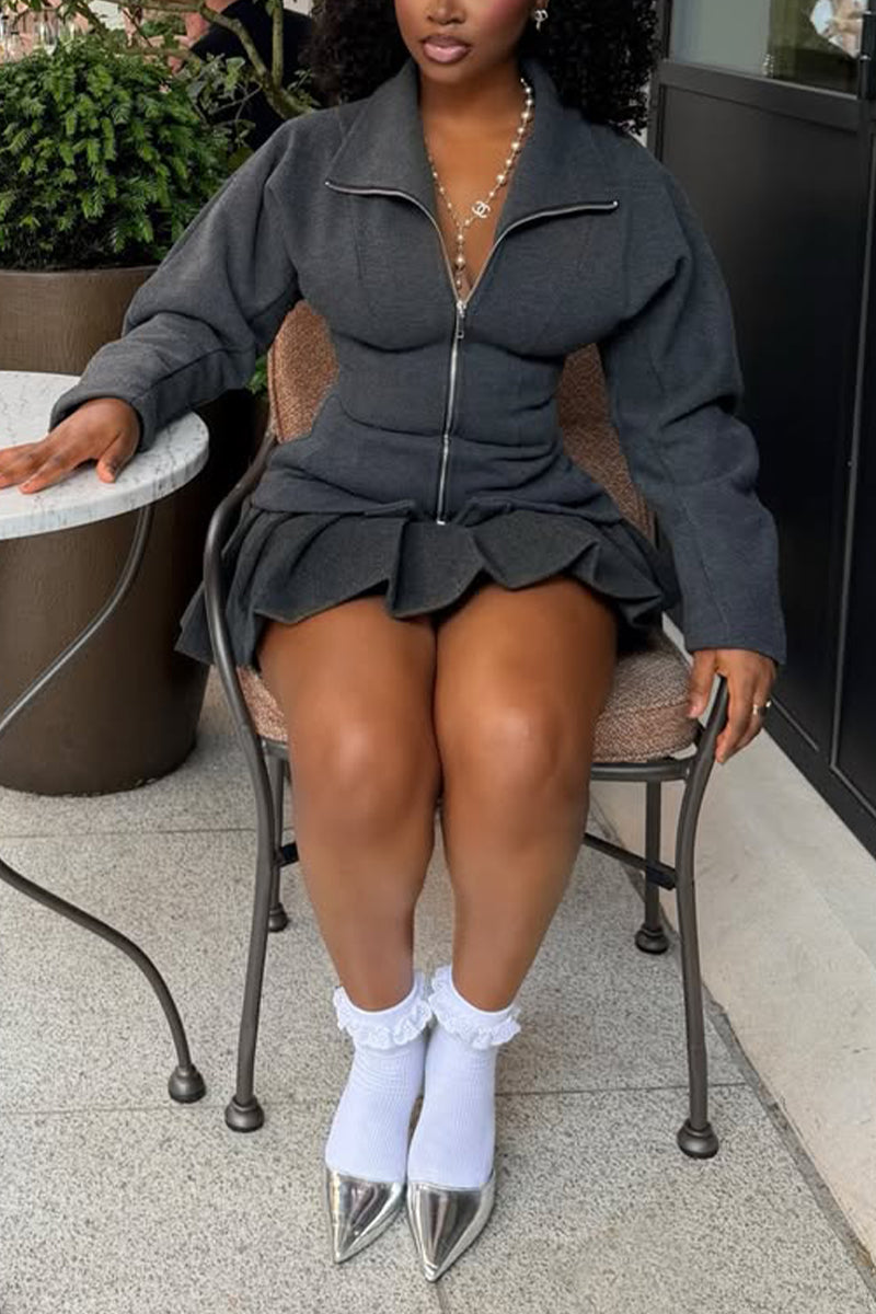 Women Collar and Waist Cinched Jacket+ Pleated Half Skirt Elegant Casual Set