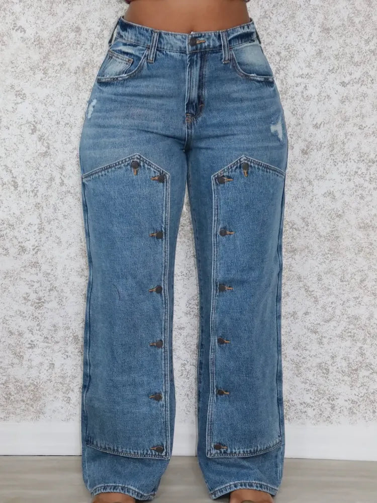 Women Square Neck Irregular Long Top+ Spliced Jeans Casual Suit