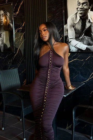 Womem Sexy Slim Fit Halter Dress - Side Button Slit Maxi Gown