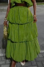 Women's Green Textured Crinkle Fabric Halter Crop Top Tiered Layered Ruffle Maxi Skirt