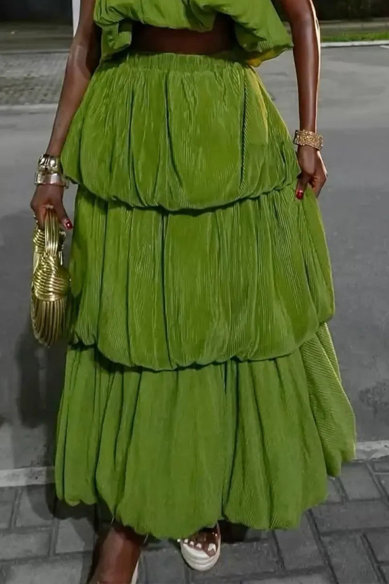 Women's Green Textured Crinkle Fabric Halter Crop Top Tiered Layered Ruffle Maxi Skirt