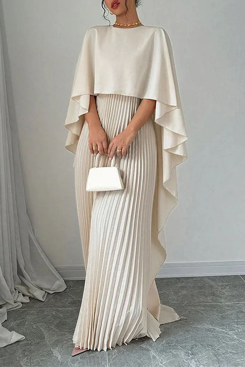 Women's Elegant Cape Sleeve Pleated Maxi Dress Sets