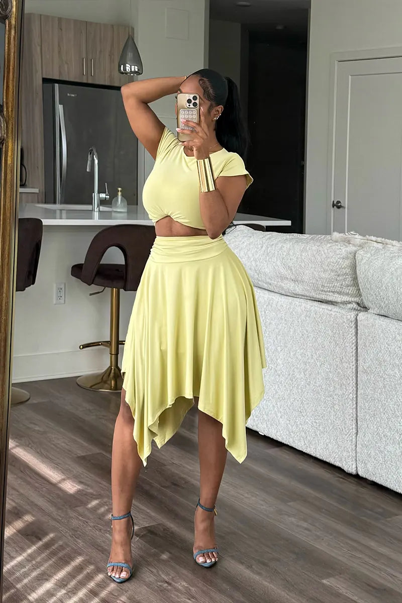 Women's Casual Short Sleeve Crop Top and Asymmetric Hem Midi Skirt