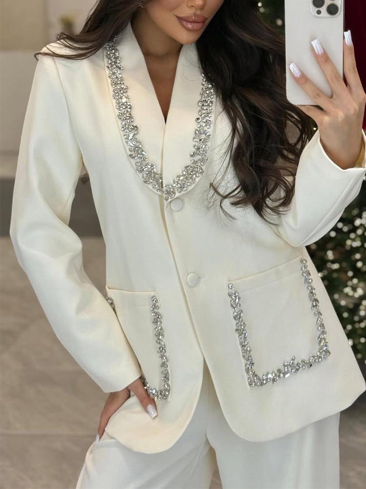 Women V-neck Rhinestone Jacket +pants Temperament Commuting Suit
