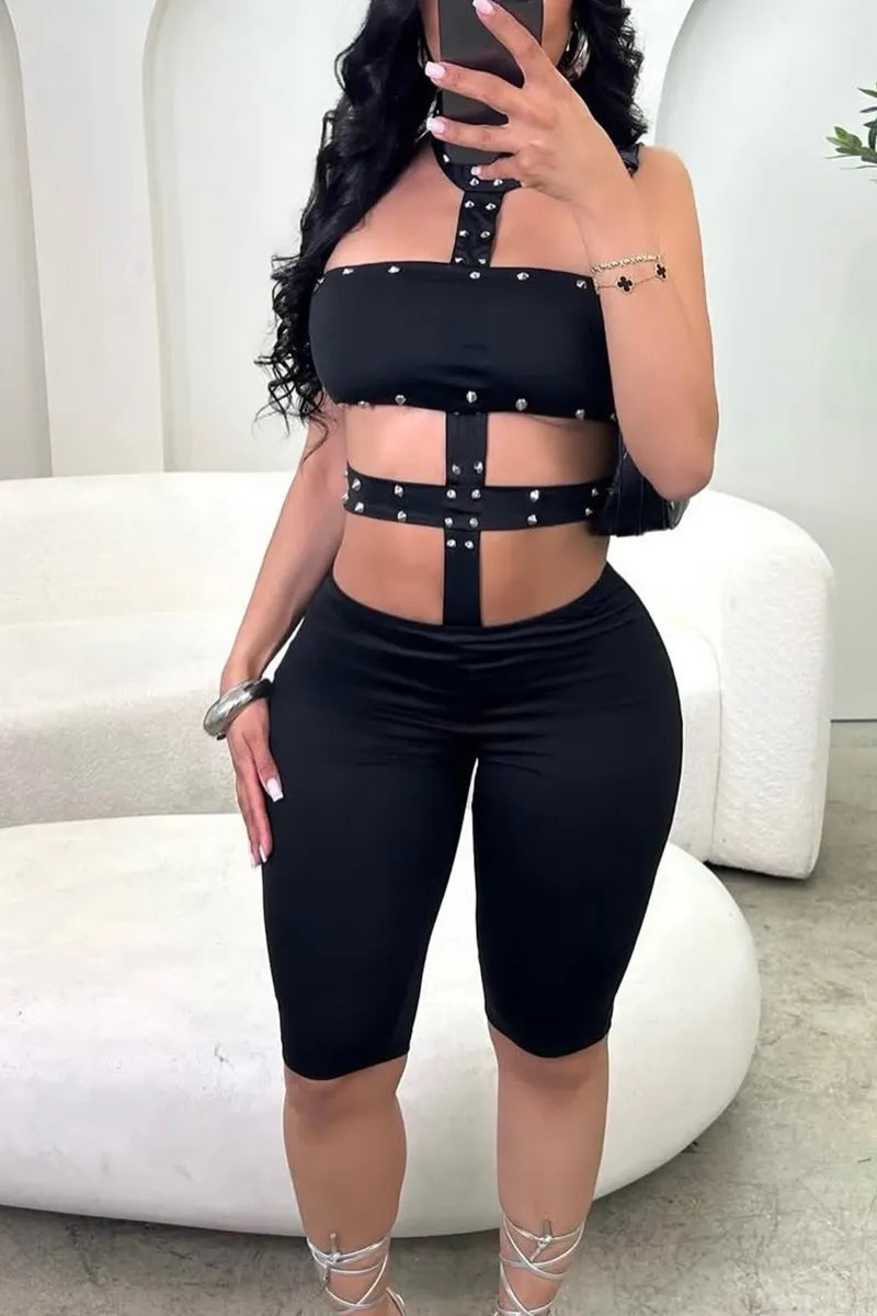 Women's Casual Punk Studded Cutout Halter Biker Short Jumpsuit
