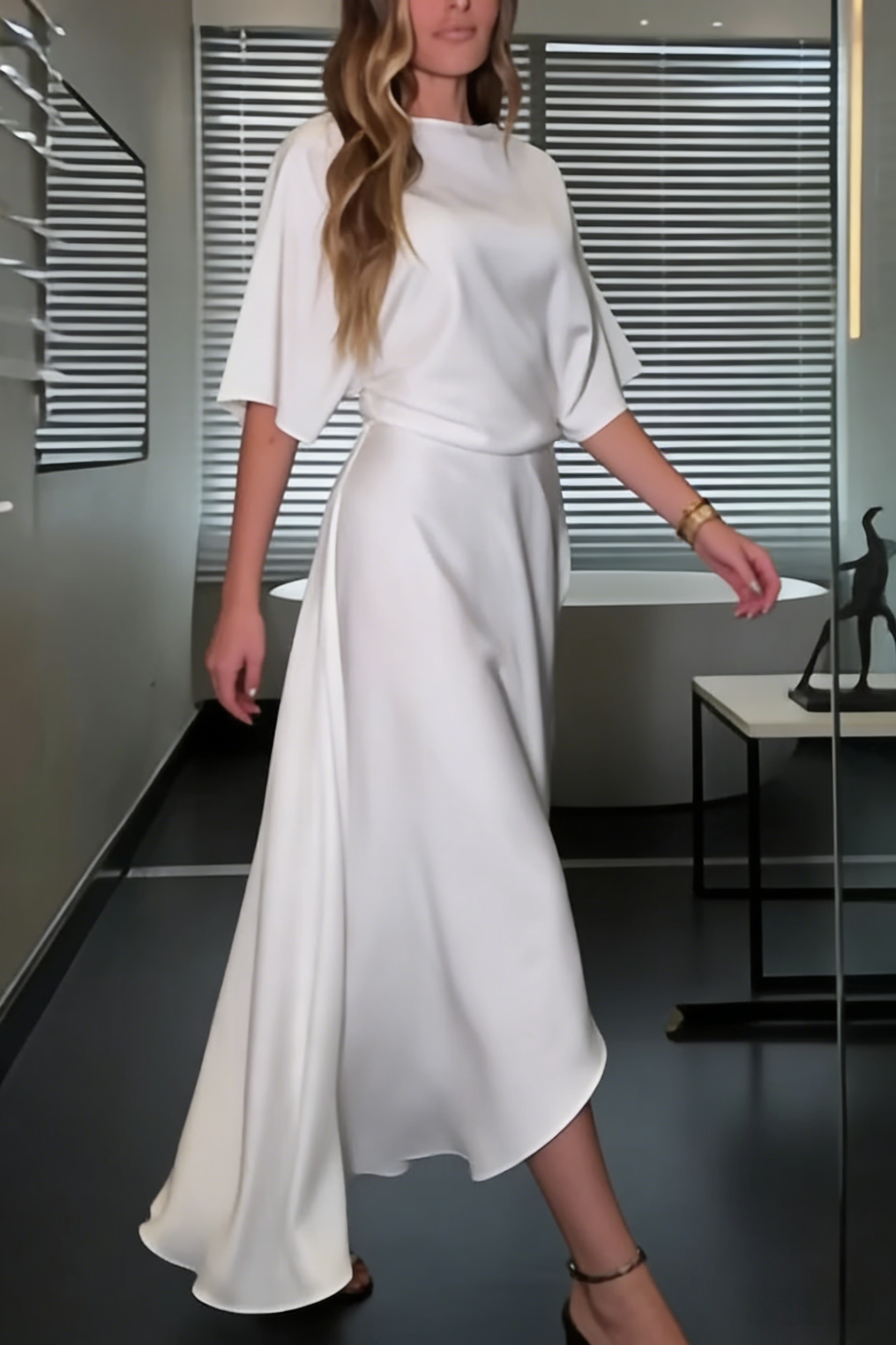 Satin Wrap Asymmetric Maxi Dress | Half-Sleeve Draped Silhouette