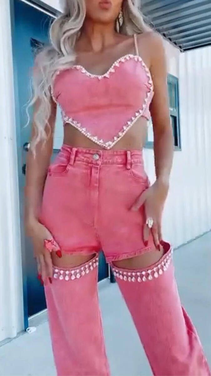 Women Suspender Heart-shaped Top+ Pants Sexy Casual Suit