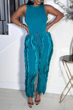 Women's  Casual Form-Fitting Teal Jumpsuit with Drawstring Waist and Fringe Detail