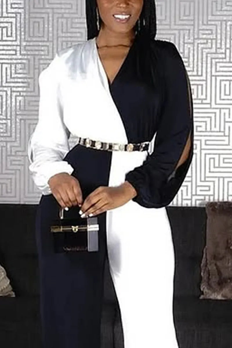 Women's Formal Two-Tone Jumpsuit with Belted Waist & Wide-Leg Pants