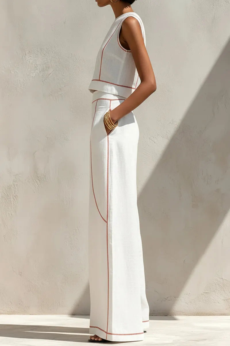Women's Round Neck Sleeveless Red Contrast Stitch Cropped Linen Vest Or Relaxed Full Length Outline Stitch Linen Wide Leg Trousers