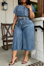Women's  Short Sleeve Shirred Crop Top Or High Waist Drawstring Wide Leg Capri Pants