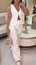 Womens V-neck Back Hollow Top + Pants Casual Suit