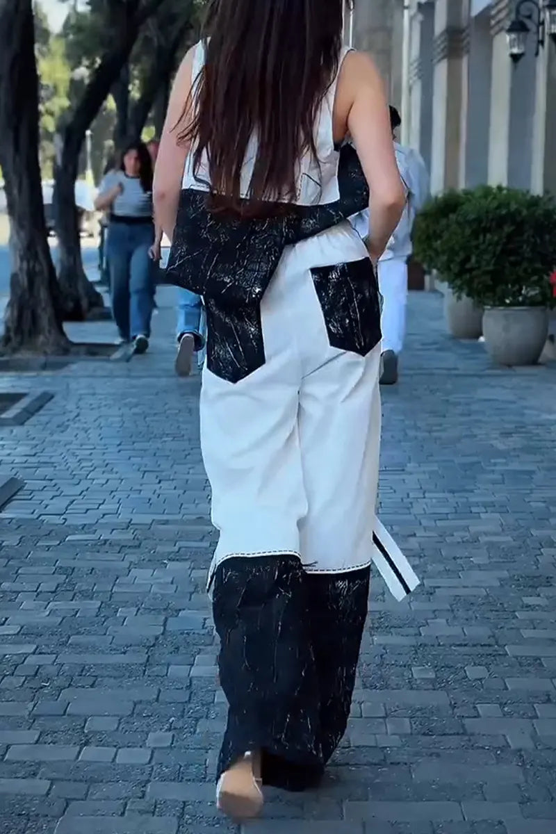 Women's Fashion Asymmetric Color Block Vest or Wide Leg Pants