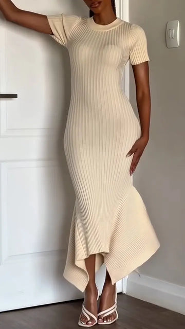 Women Round Neck Irregular Solid Color Casual Dress