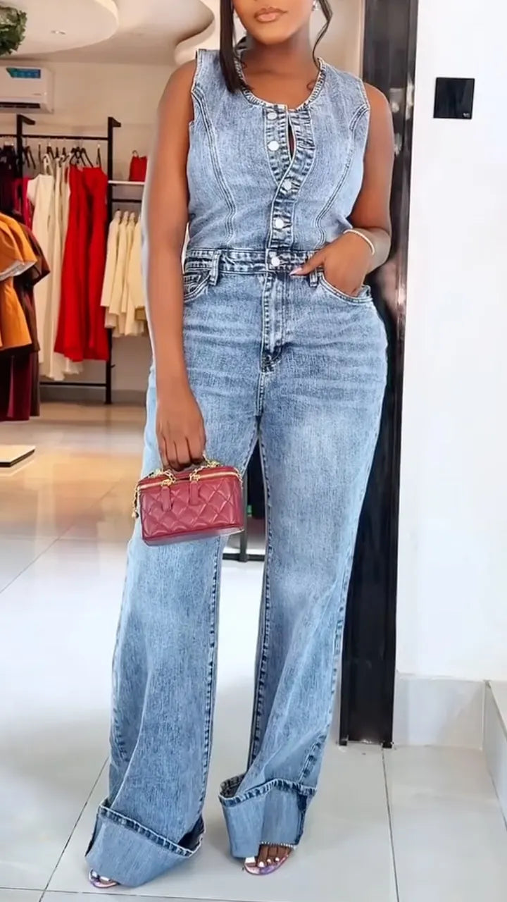 Women's Round Neck Washed Button Denim Jumpsuit