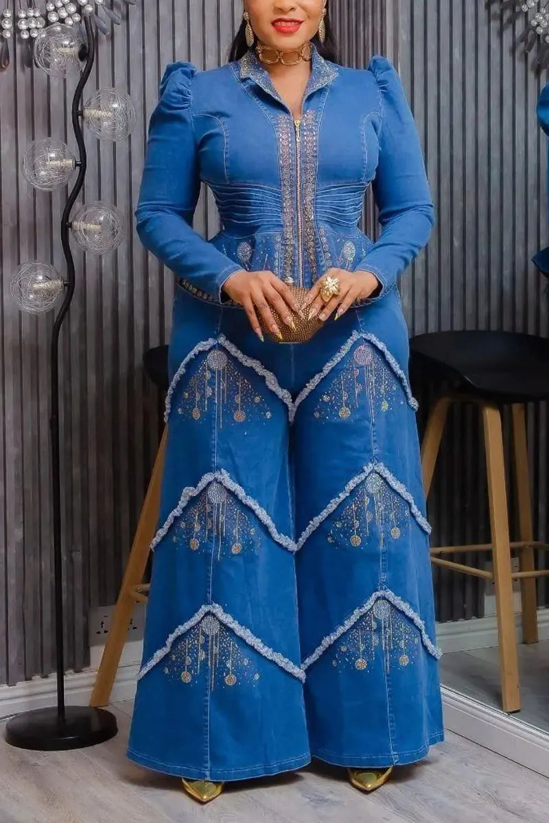 Women's Rhinestone Embellished Peplum Top And Wide Leg Pants Set