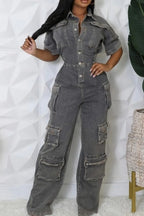 Women's Utility Denim Jumpsuit with Multiple Cargo Pockets & Wide Leg Denim
