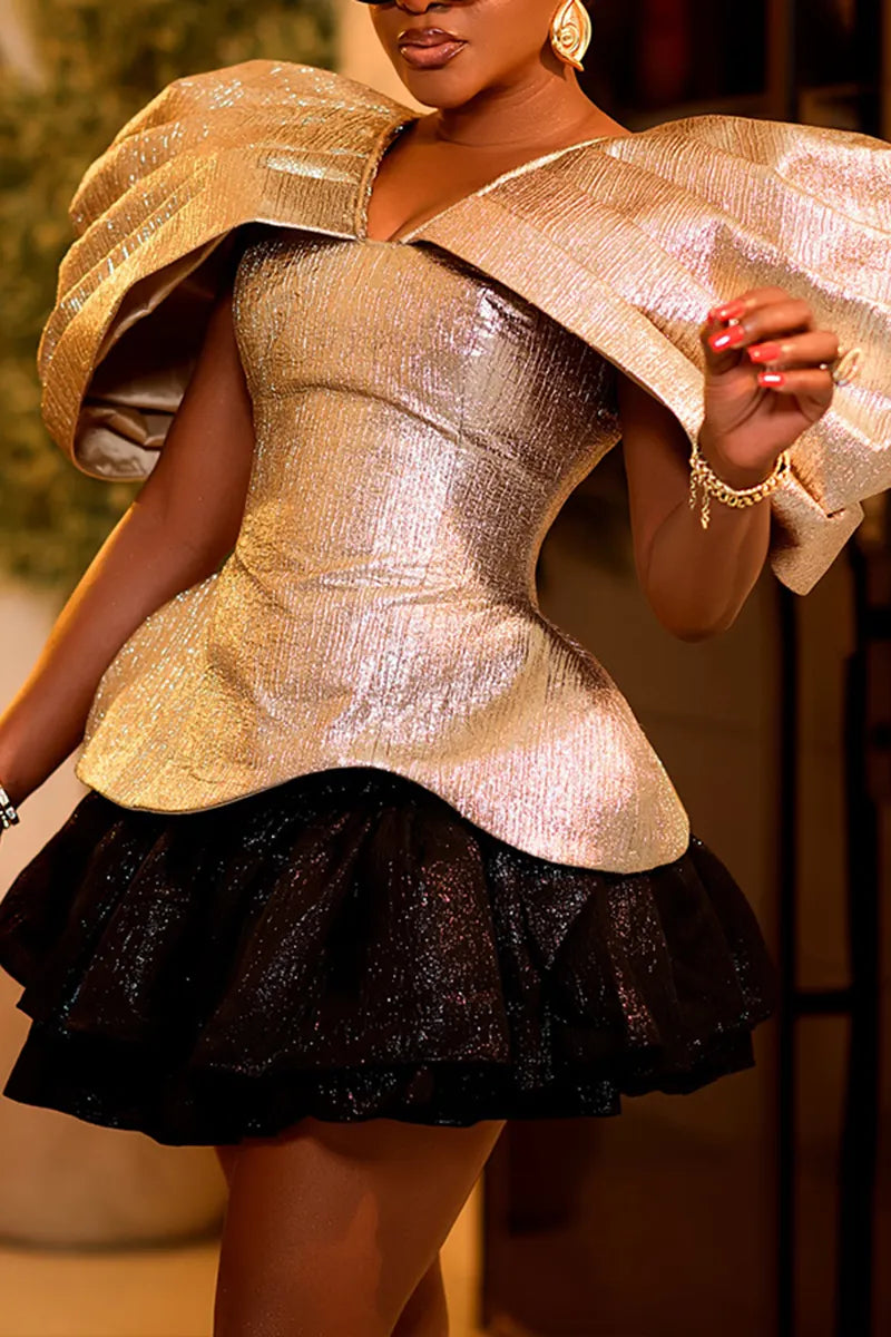 Women's Party-Fashion Oversized-Sleeve Sparkling Top Mini Skirt Set