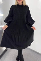 Women's Round Neck Lantern Sleeve Rhinestone Pleated Dress