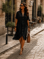 Modern Boho Effortless Black Linen Relaxed Midi Dress