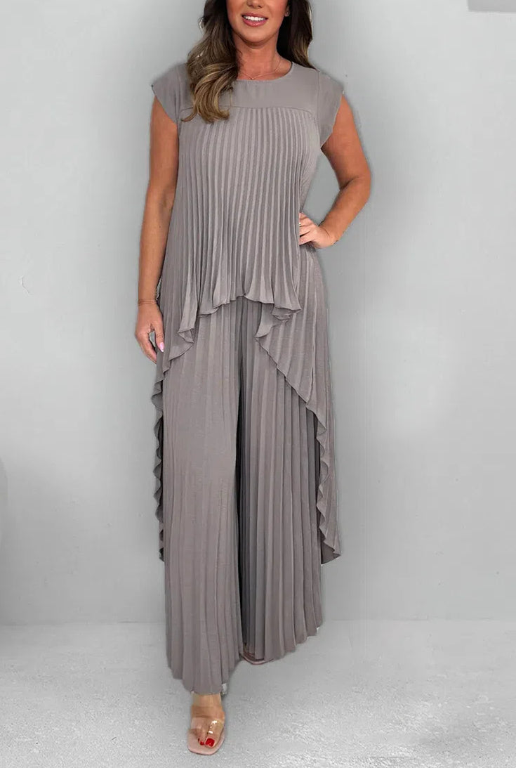 Women's Round Neck Splicing Pleated Irregular Casual Suit