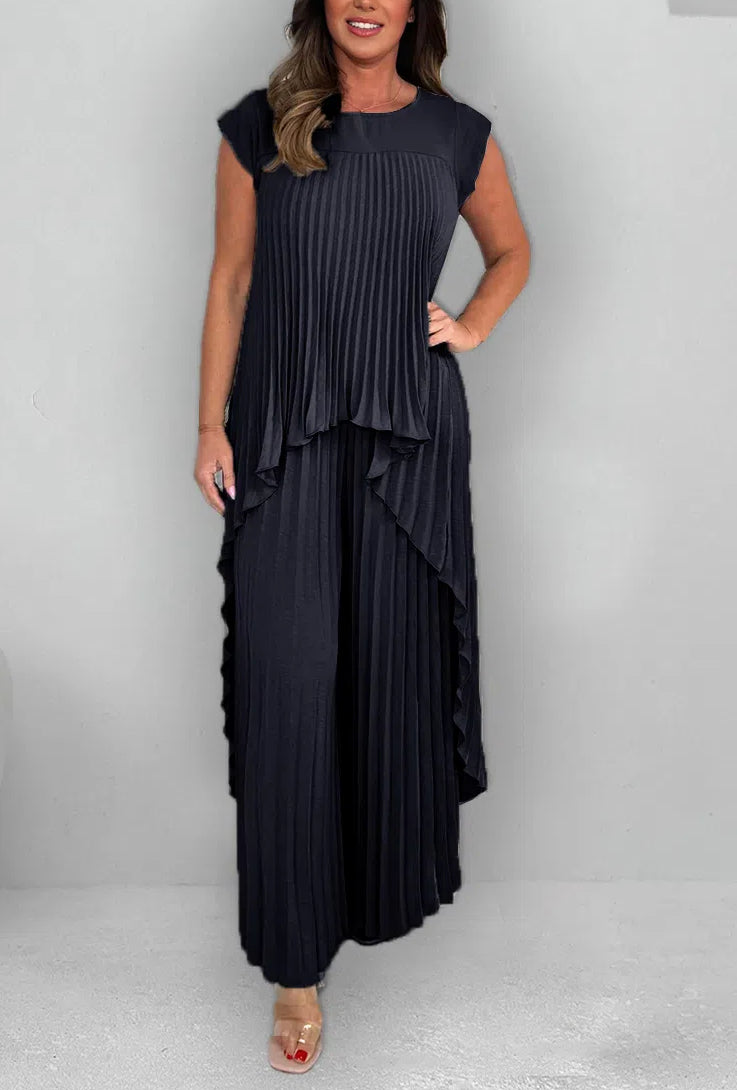 Women's Round Neck Splicing Pleated Irregular Casual Suit