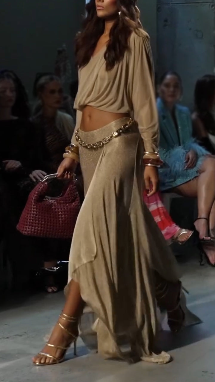 Women V-neck Top+ Half Skirt Elegant Temperament Set