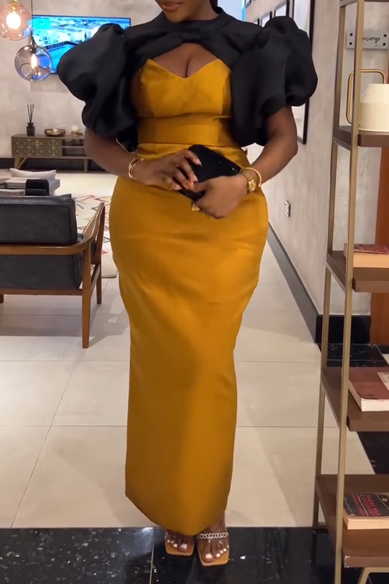 Women's Elegant Oversized Puff Sleeve Color-Block Dress 2 Piece Set