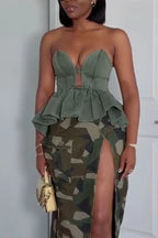 Women's Strapless Patchwork Sexy Top or Split Camouflage Half Skirt