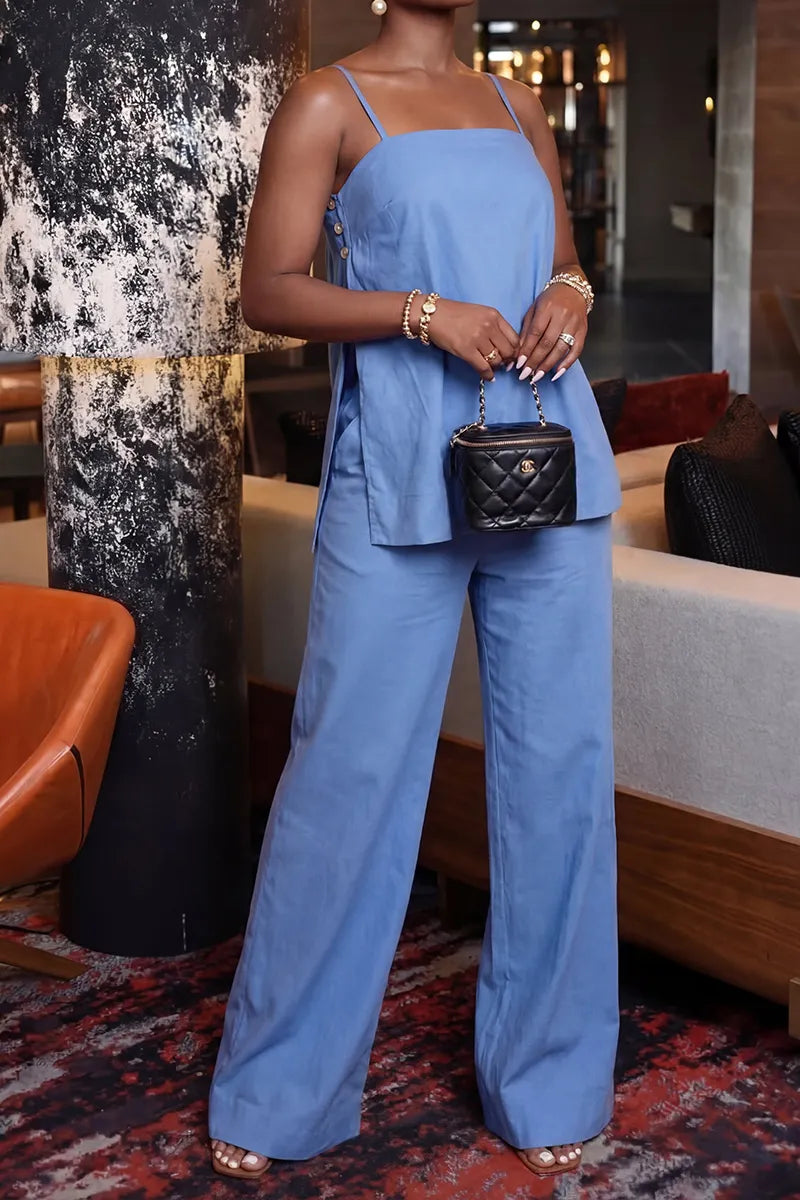 Women's Casual Light Blue Spaghetti Strap Tunic Top or  Wide Leg Pants Co-Ord