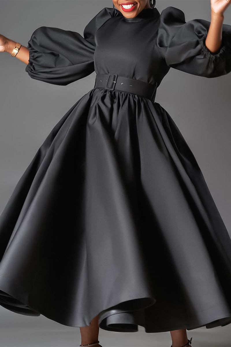 Women's Color Large Puff Sleeve Midi Dress Dresses