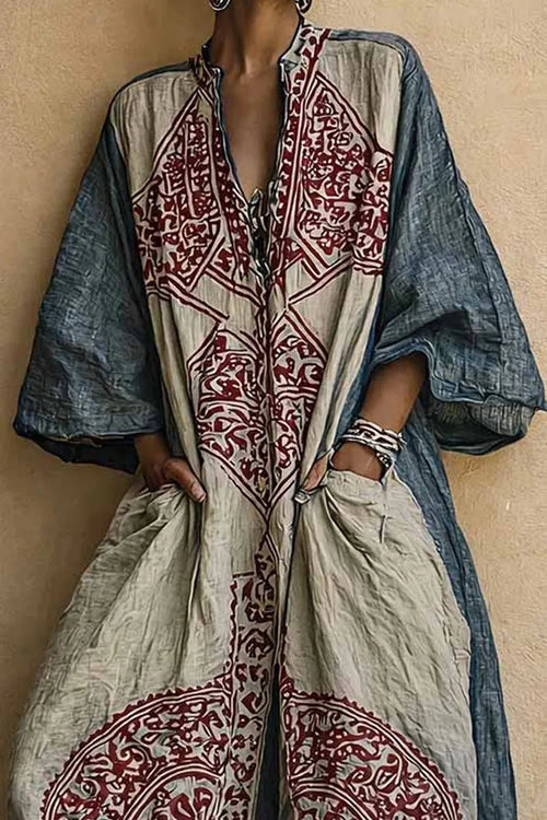Ladies' Elegant Retro Printed V-Neck 3/4 Sleeve Cotton And Linen Jumpsuit