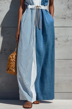 Women's Casual Color Block Stripe Solid Sleeveless Deep V Drawstring Waist Linen Maxi Dress