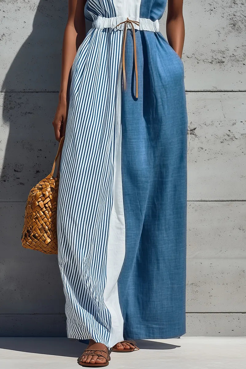 Women's Casual Color Block Stripe Solid Sleeveless Deep V Drawstring Waist Linen Maxi Dress