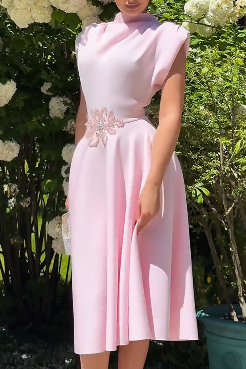 Women's Elegant Wide Shoulder Beaded A Line Midi Dress
