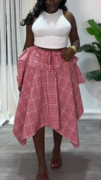 Women Drawstring Patchwork Plaid Irregular Casual Skirt