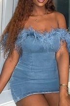 Women's Faux Furtrimmed Short Denim Party Dress