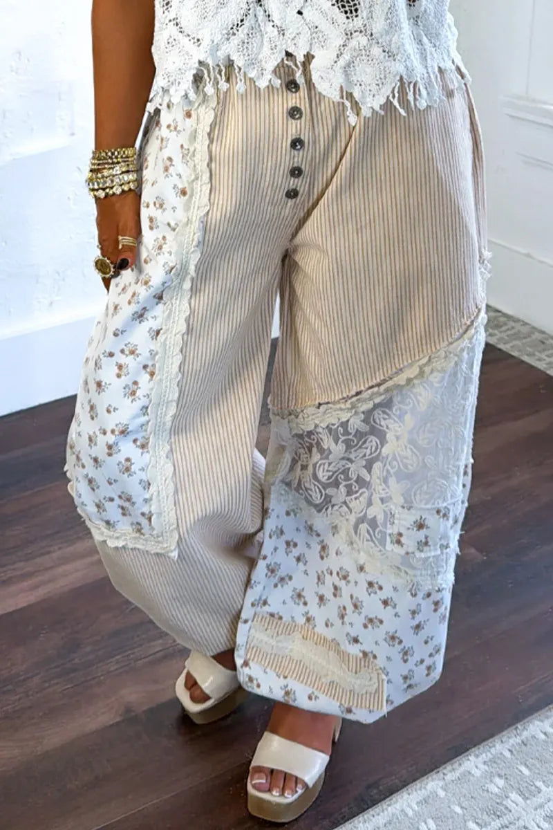 Women's Crochet Lace Sleeveless Top with Button Front Or Patchwork Floral Pants