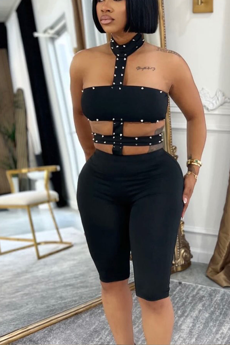 Women's Casual Punk Studded Cutout Halter Biker Short Jumpsuit