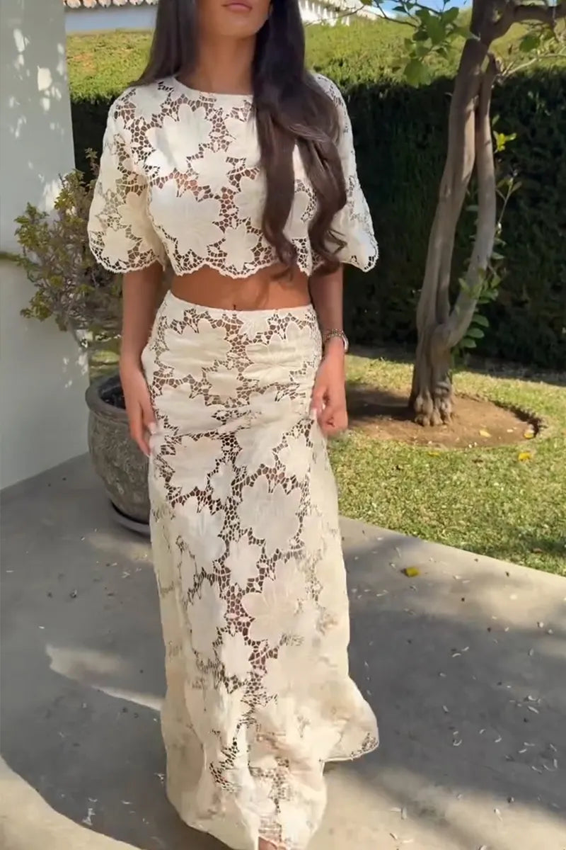 Women's Elegant Resort Lace Cutout Top & Long Skirt