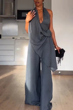 Women Halter-neck Asymmetrical Top and Pants Stylish Casual Set